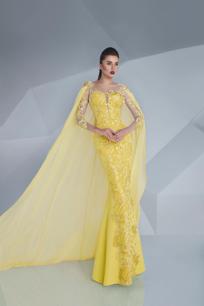 MNM Couture - Embroidered Illusion Cape Gown G0603 in Yellow
