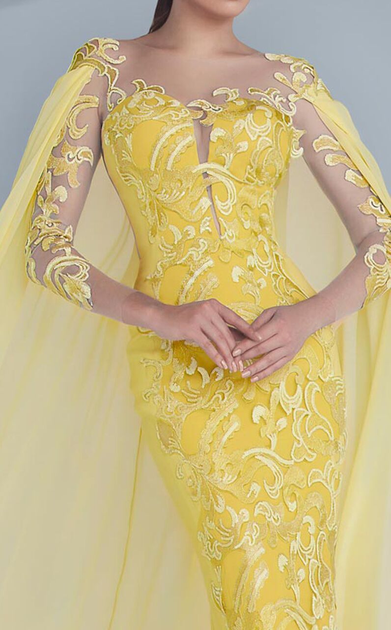 MNM Couture - Embroidered Illusion Cape Gown G0603 in Yellow