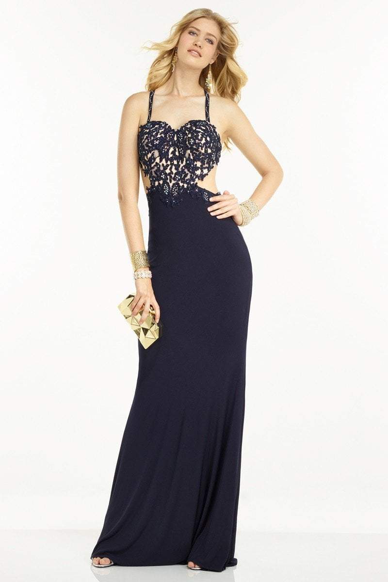 Alyce Paris - 35760 Embroidered Lace Sweetheart Bodice Strappy Sexy Back Evening Gown in Blue