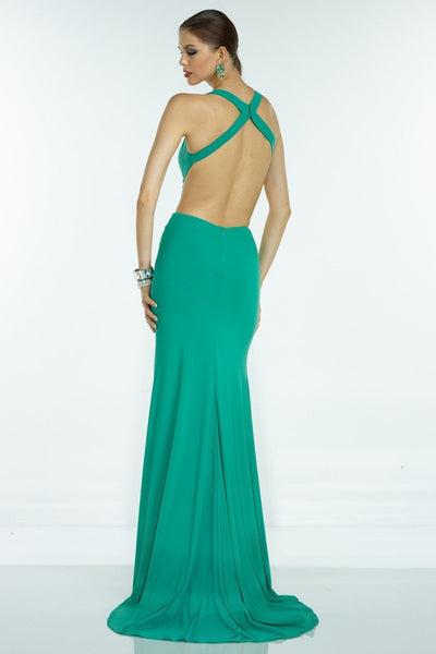 Alyce Paris - Sleeveless Sparkling Jewel Neck Cutout Long Jersey Dress With Side Slit 35761 In Green