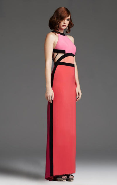 Mignon - VM918BL Halter Color Block Cutout Gown in Pink and Orange