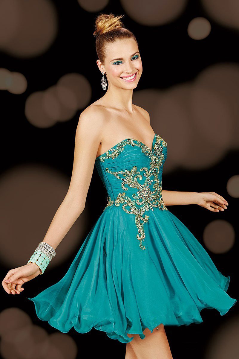Alyce Paris - Strapless Ruched and Bedazzled Sweetheart Neck Short Dress 3625 In Green