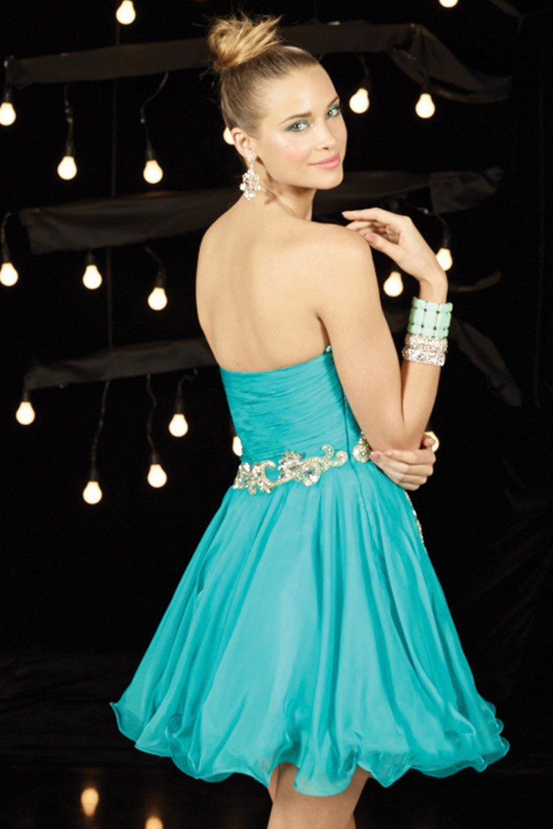 Alyce Paris - Strapless Ruched and Bedazzled Sweetheart Neck Short Dress 3625 In Green