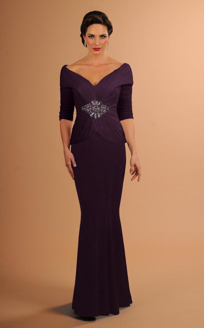 Daymor Couture - 610 Quarter Sleeve Shirred Bodice Gown in Purple