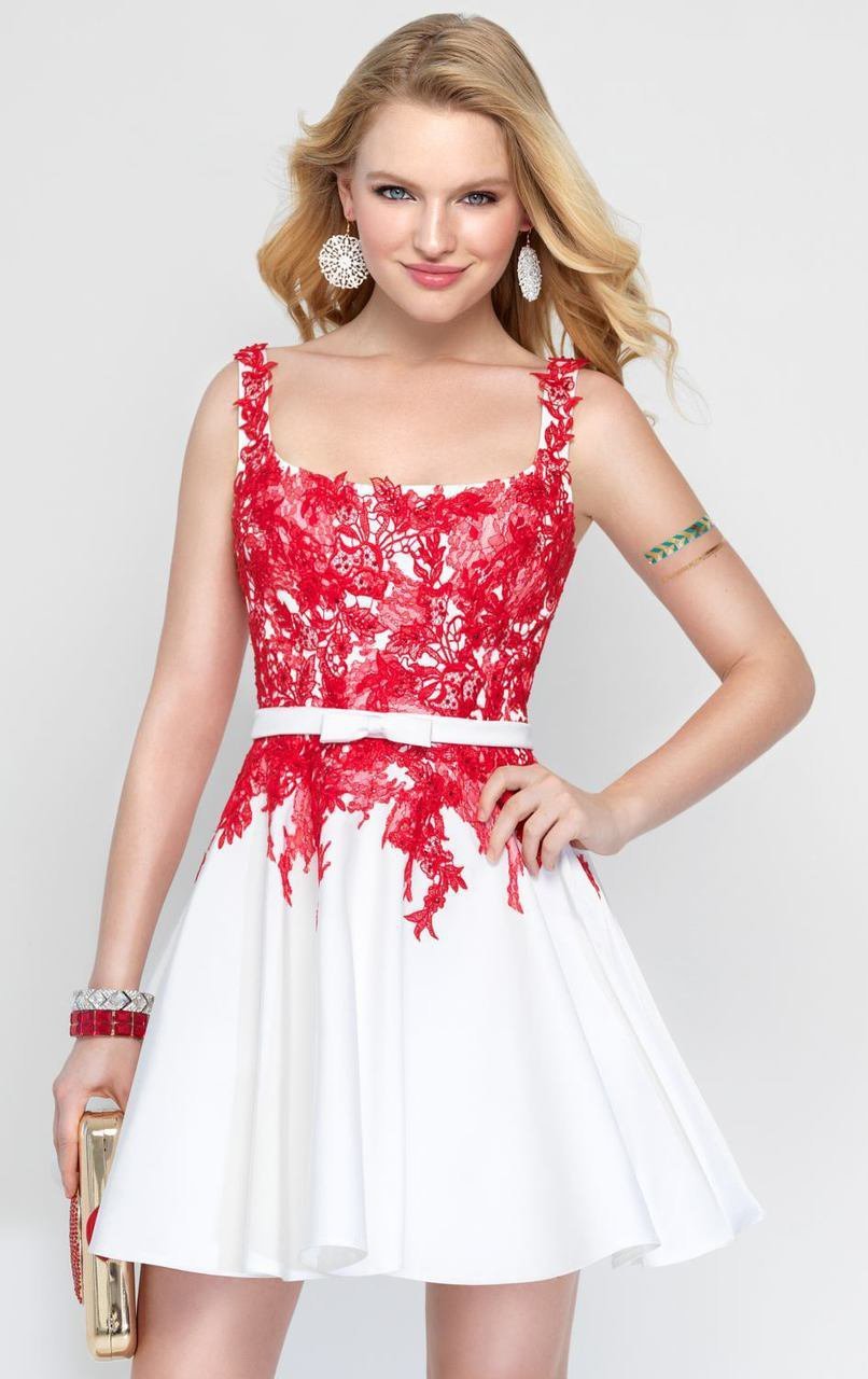 Alyce Paris - 3689 Lace Embellished Square Neck Cocktail Dress in White and Red