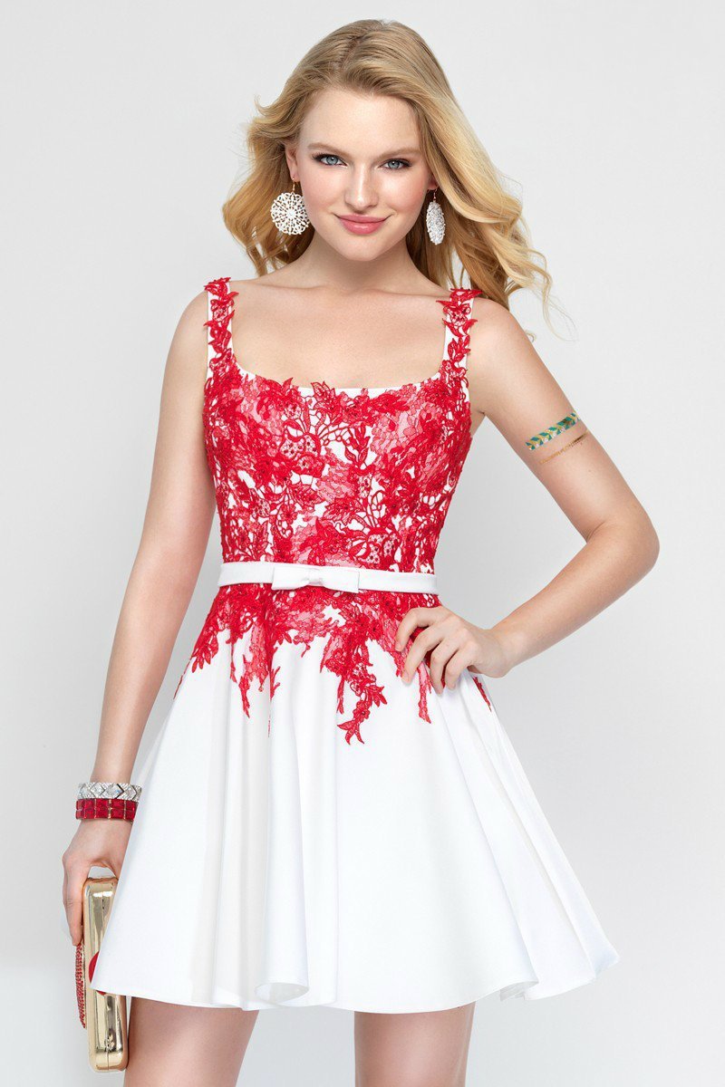 Alyce Paris - 3689 Lace Embellished Bodice Strapless A-Line Dress in White and Red