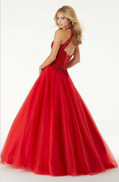 Mori Lee - 45091 Lace Appliqued Halter Long Dress In Red