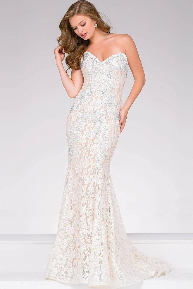 Jovani - 37334 Crystal Embellished Strapless Lace Prom Dress in White