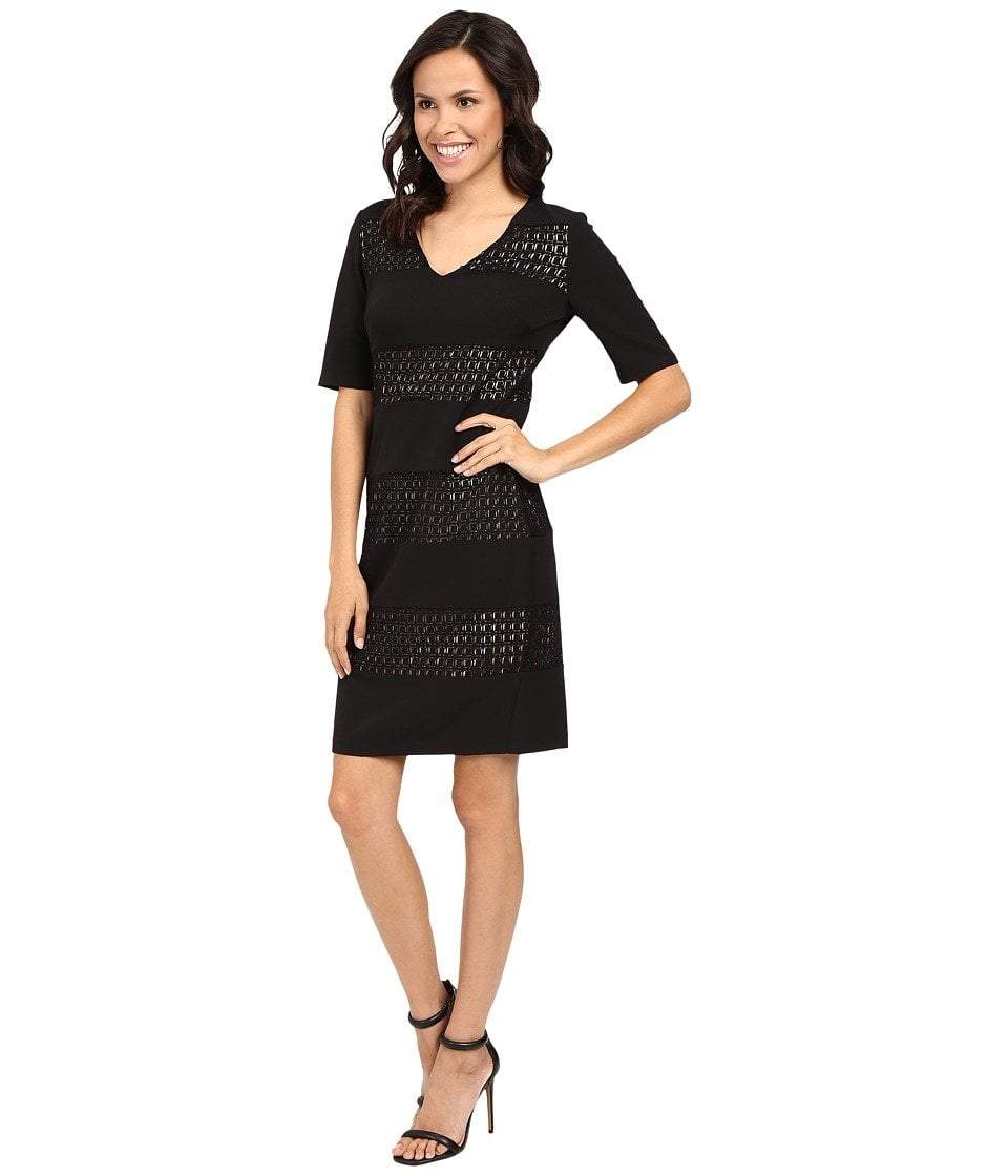 London Times - T2293M Short Sleeve Banded Sheath Dress in Black and Neutral