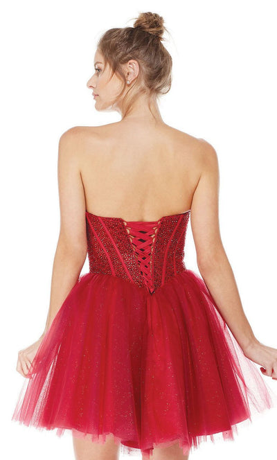Strapless Beaded Corset Bodice A-Line Dress in Red