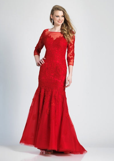 Dave & Johnny - 3756 Quarter Length Sleeve Lace Trumpet Dress In Red