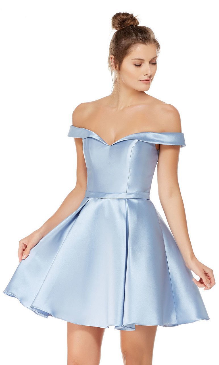 Off Shoulder Mikado Fit and Flare Cocktail Dress in Blue