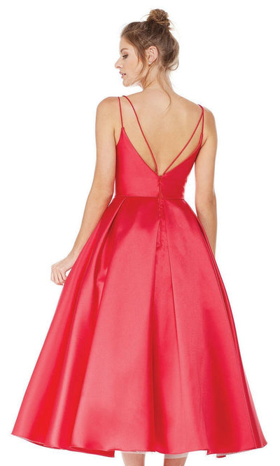 V-neck Mikado Tea Length A-line Dress in Red