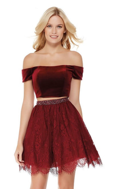 Off Shoulder Velvet Bodice Two-Piece Dress in Red