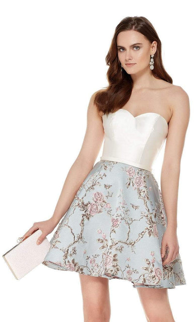 Strapless Sweetheart Floral A-Line Dress in White and Blue