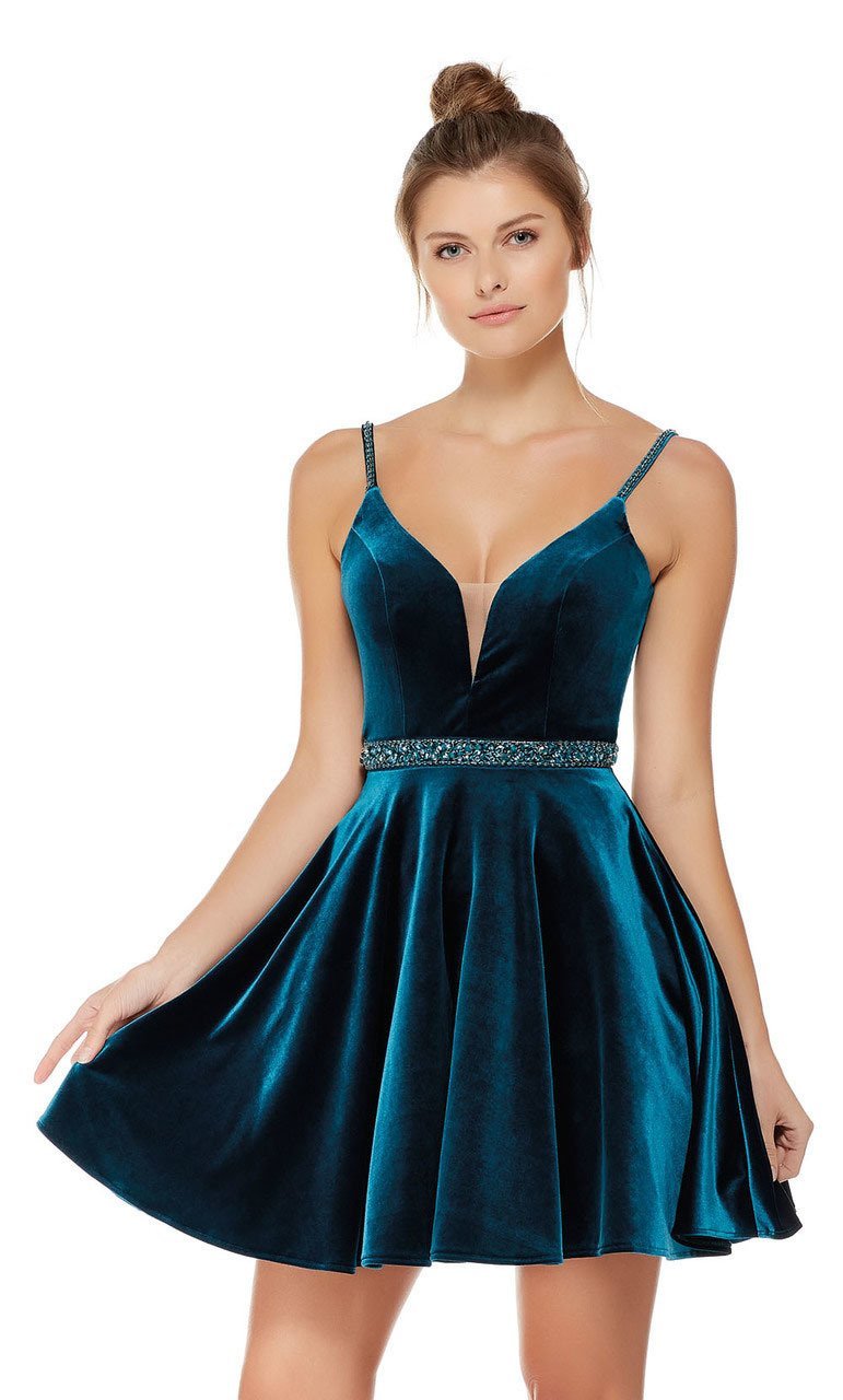 Alyce Paris Embellished Deep V-neck Velvet A-line Dress 4008 - 1 pc Teal In Size 6 Available In Teal
