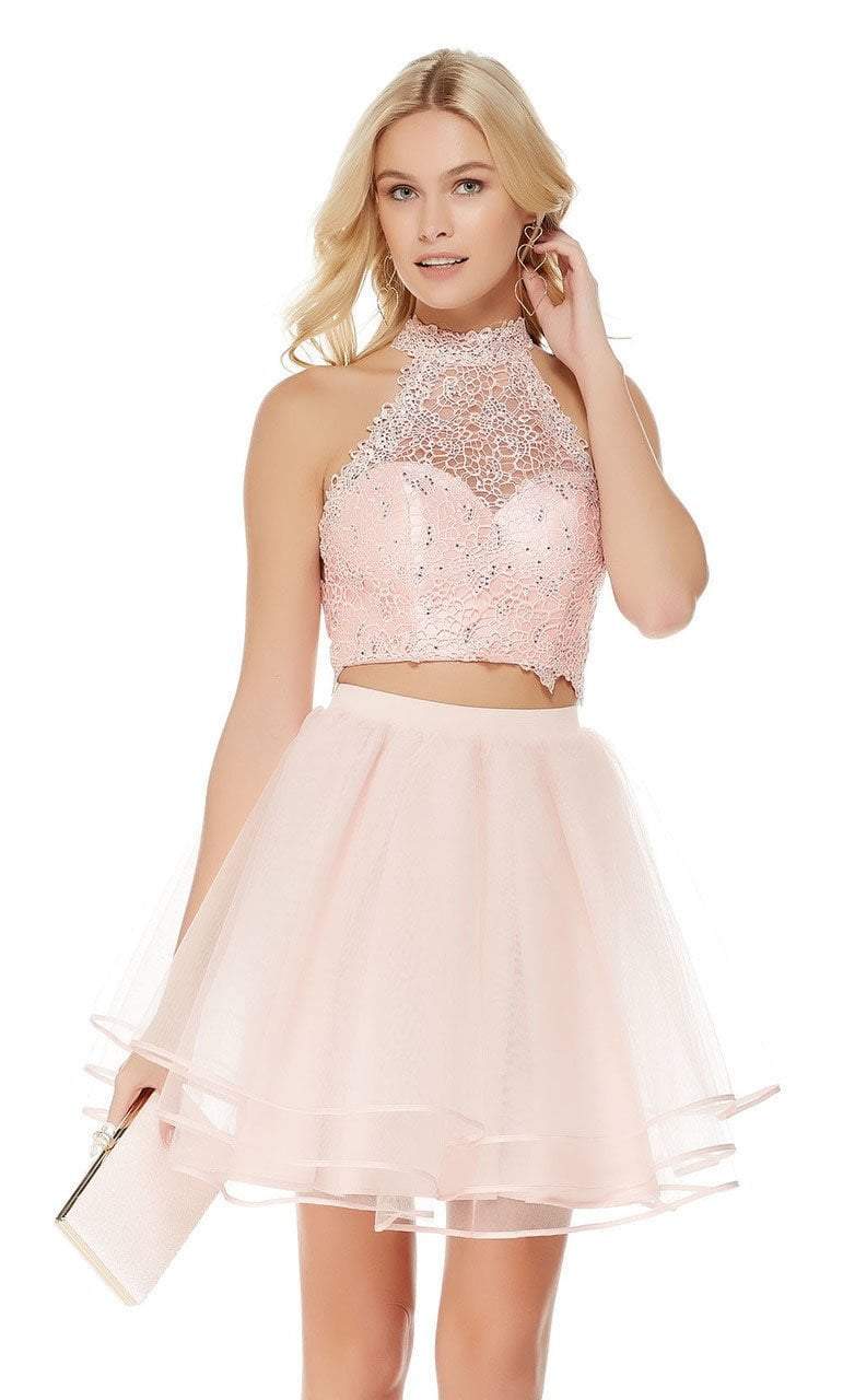 Two Piece Illusion Beaded Lace Bodice Dress in Pink