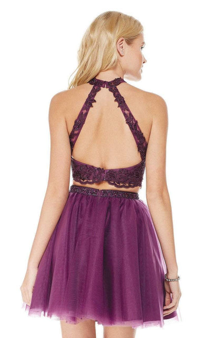 Two Piece Lace High Halter Cocktail Dress in Purple