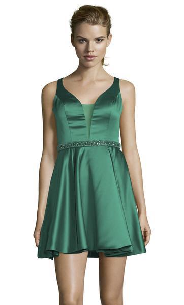 Alyce Paris - 3877 Illusion Plunging Neckline Silk Satin Short Dress In Green