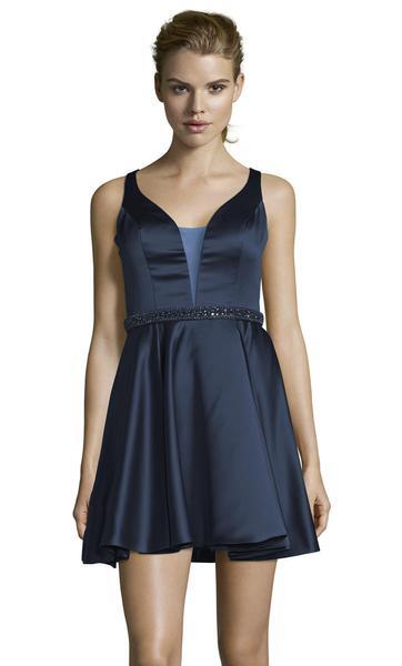 Alyce Paris - 3877 Illusion Plunging Neckline Silk Satin Short Dress In Blue
