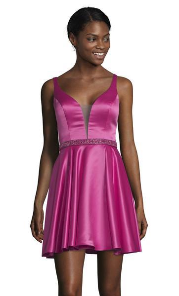 Alyce Paris - 3877 Illusion Plunging Neckline Silk Satin Short Dress In Pink