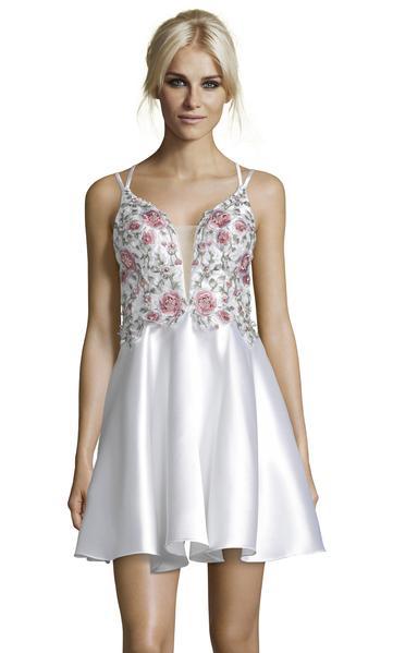 Alyce Paris - 3886 Floral Plunging Illusion Neck A-Line Cocktail Dress In White and Floral