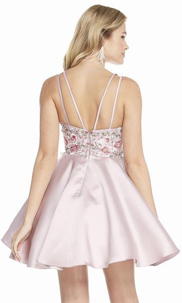 Alyce Paris - 3886 Floral Plunging Illusion Neck A-Line Cocktail Dress In Pink and Floral