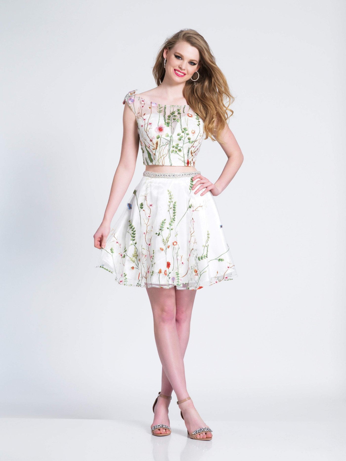 Dave & Johnny - Two Piece Floral Embroidered A-line Dress 3982  In White