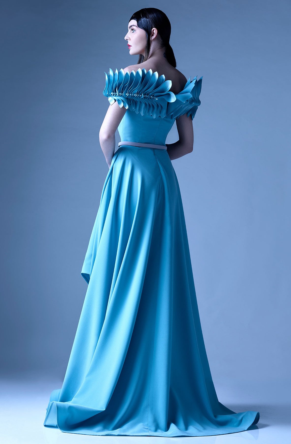 MNM Couture - G0962 Pleated Off-Shoulder A-Line Evening Gown in Blue