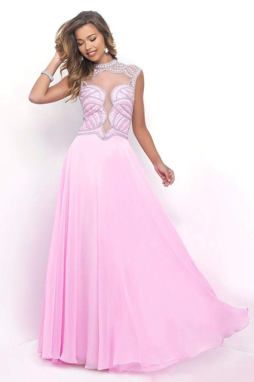 Blush - 11348 Flowing High Plunging Chiffon A-Line Gown Special Occasion Dress 0 / Bubble Gum