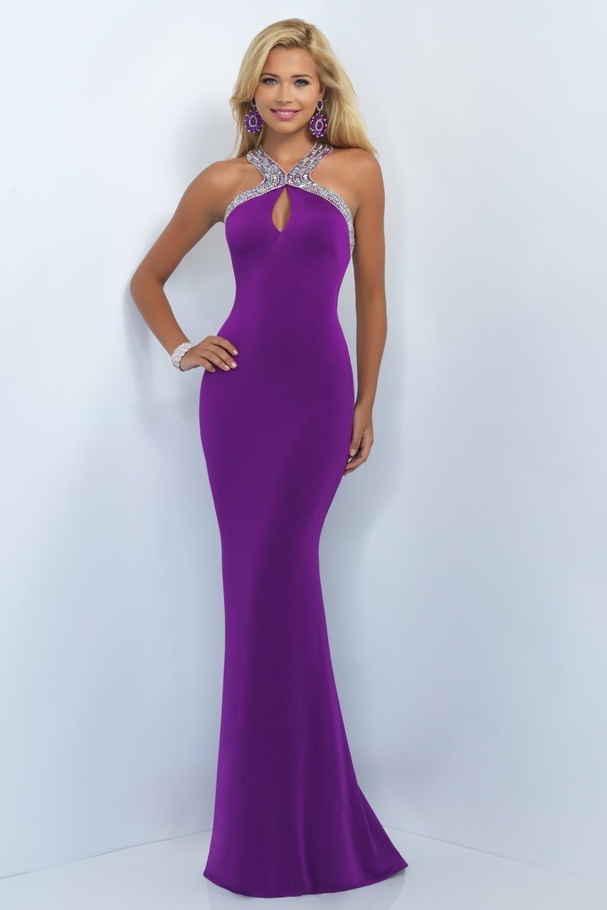 Blush - Bejeweled Halter Cutout Sheath Gown 11031 in Purple