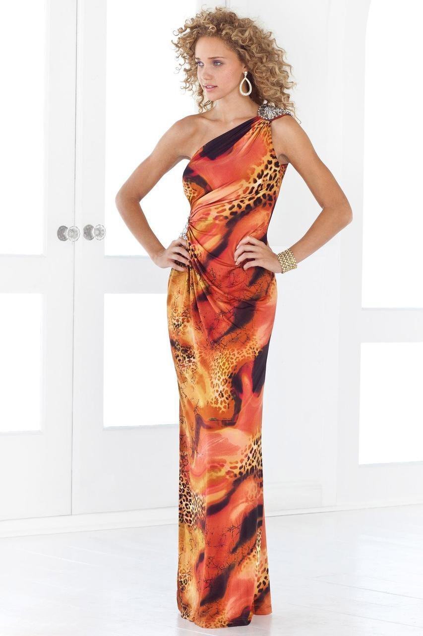 Blush by Alexia Designs - 9379 Asymmetrical Animal Print Sheath Gown Special Occasion Dress 0 / Sienna Multi