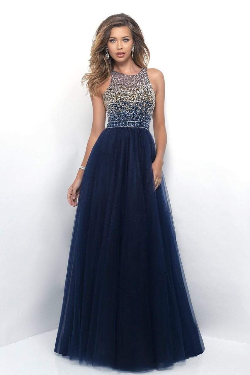 Blush - Embellished Jewel Neck Tulle A-Line Dress 11258 in Blue and Gold