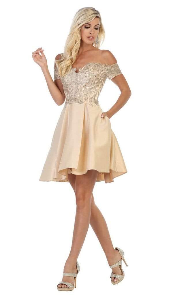 May Queen - Plunging Off-Shoulder A-line Cocktail Dress MQ1634 In Neutral