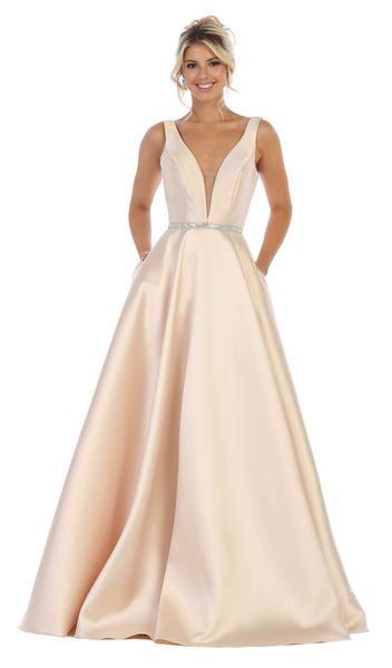May Queen - Illusion Plunging Neck Sleeveless Satin A-Line Gown MQ1683 - 1 pc Ivory In Size 16 Available In White