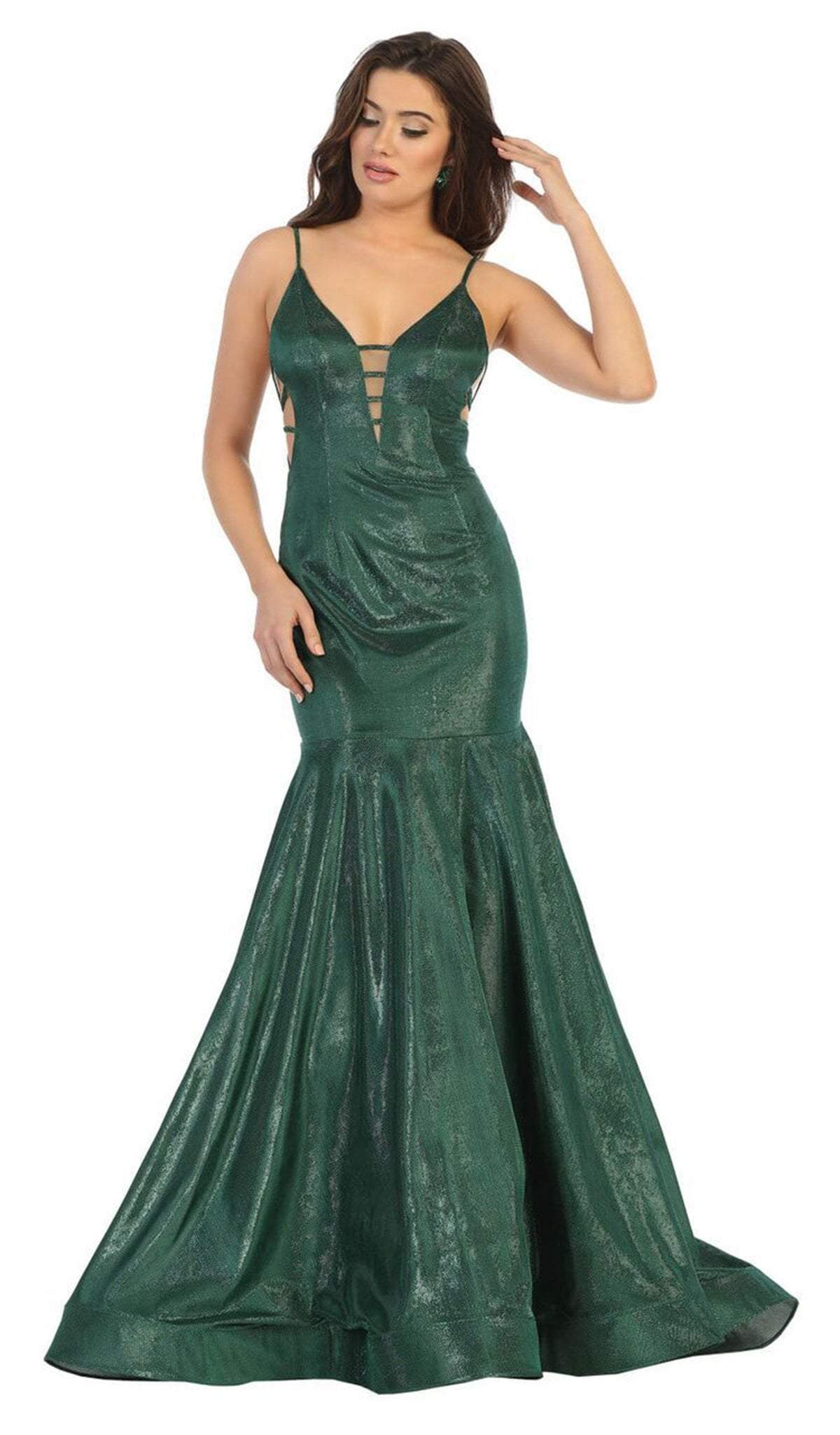 May Queen - RQ7739 Strappy Plunging V-Neck Trumpet Dress In Green