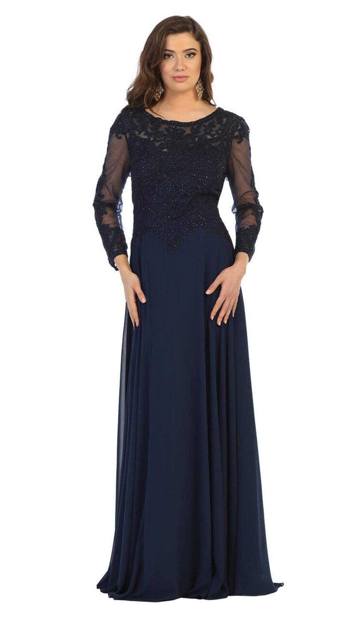 May Queen - MQ1615B Applique Long Sleeve A-line Dress In Blue
