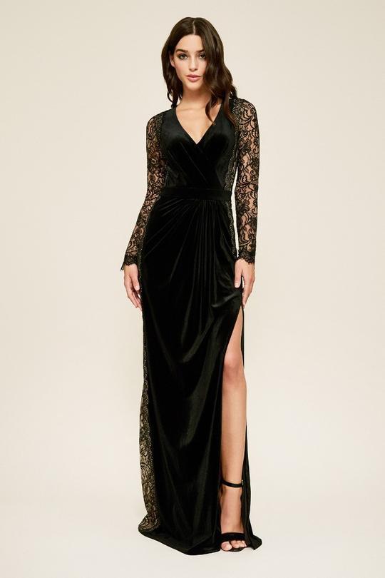 Tadashi Shoji - Molin Lace Long Sleeve Velvet A-line Evening Dress In Black and Neutral