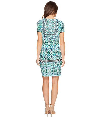 London Times - T2512M Short Sleeve Multi-Print Sheath Dress in Blue and Green
