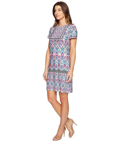 London Times - T2512M Short Sleeve Multi-Print Sheath Dress in Pink and Multi-Color