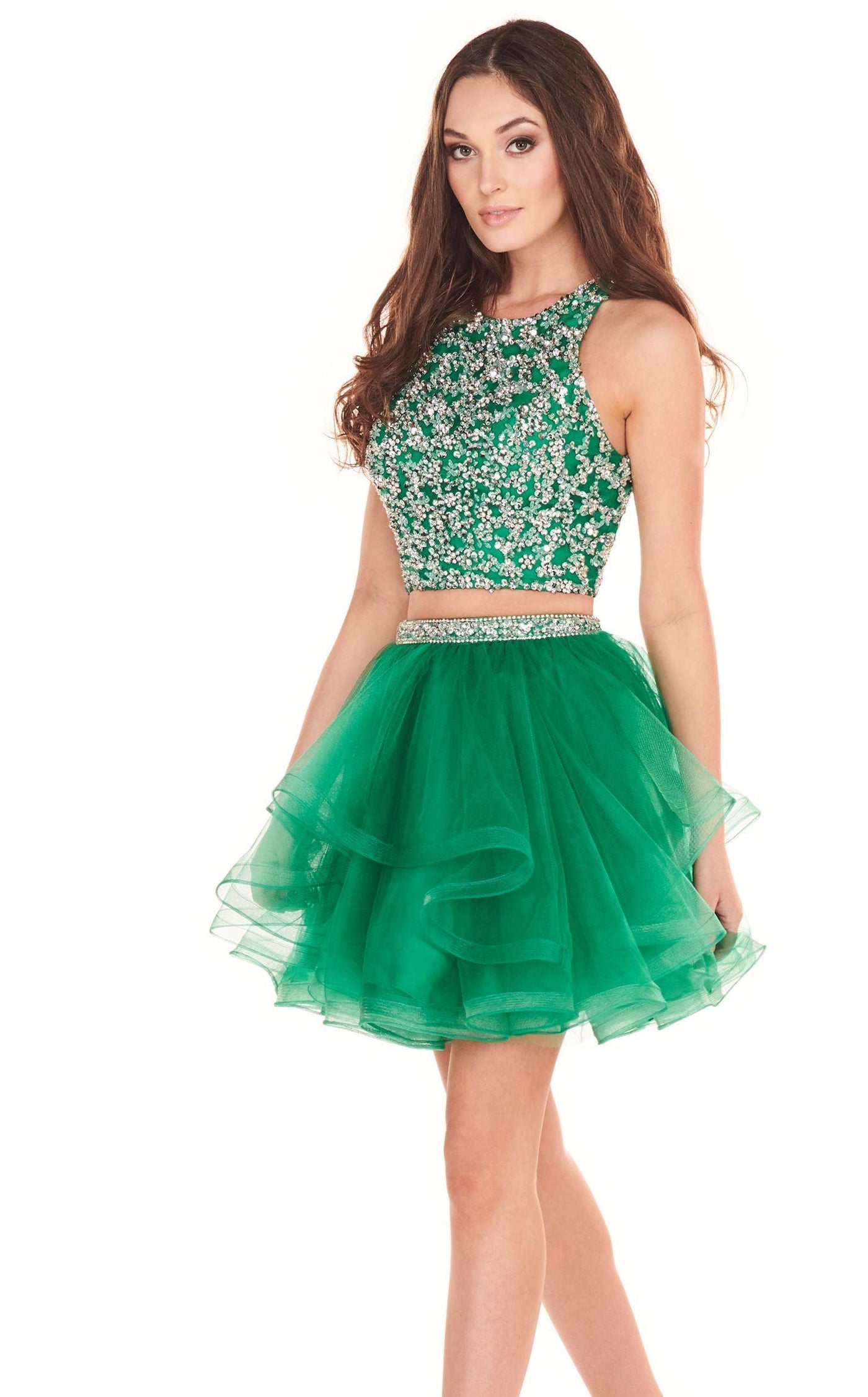 Rachel Allan Homecoming - 4012 Beaded Two Piece A-Line Cocktail Dress In Green