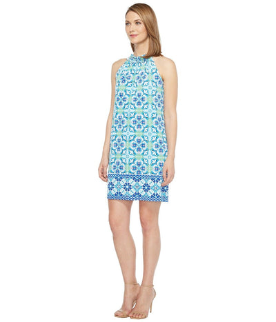 London Times - T2935M Ruffled Halter Sheath Dress in Blue and Green