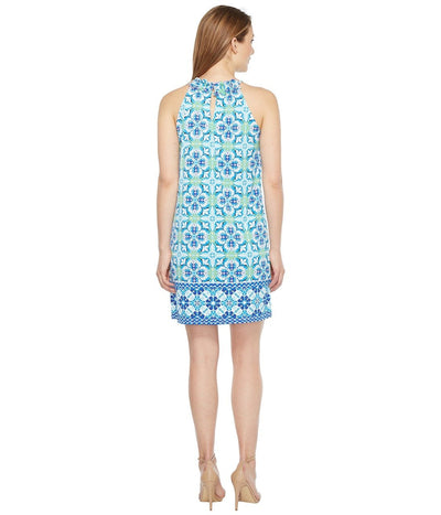 London Times - T2935M Ruffled Halter Sheath Dress in Blue and Green