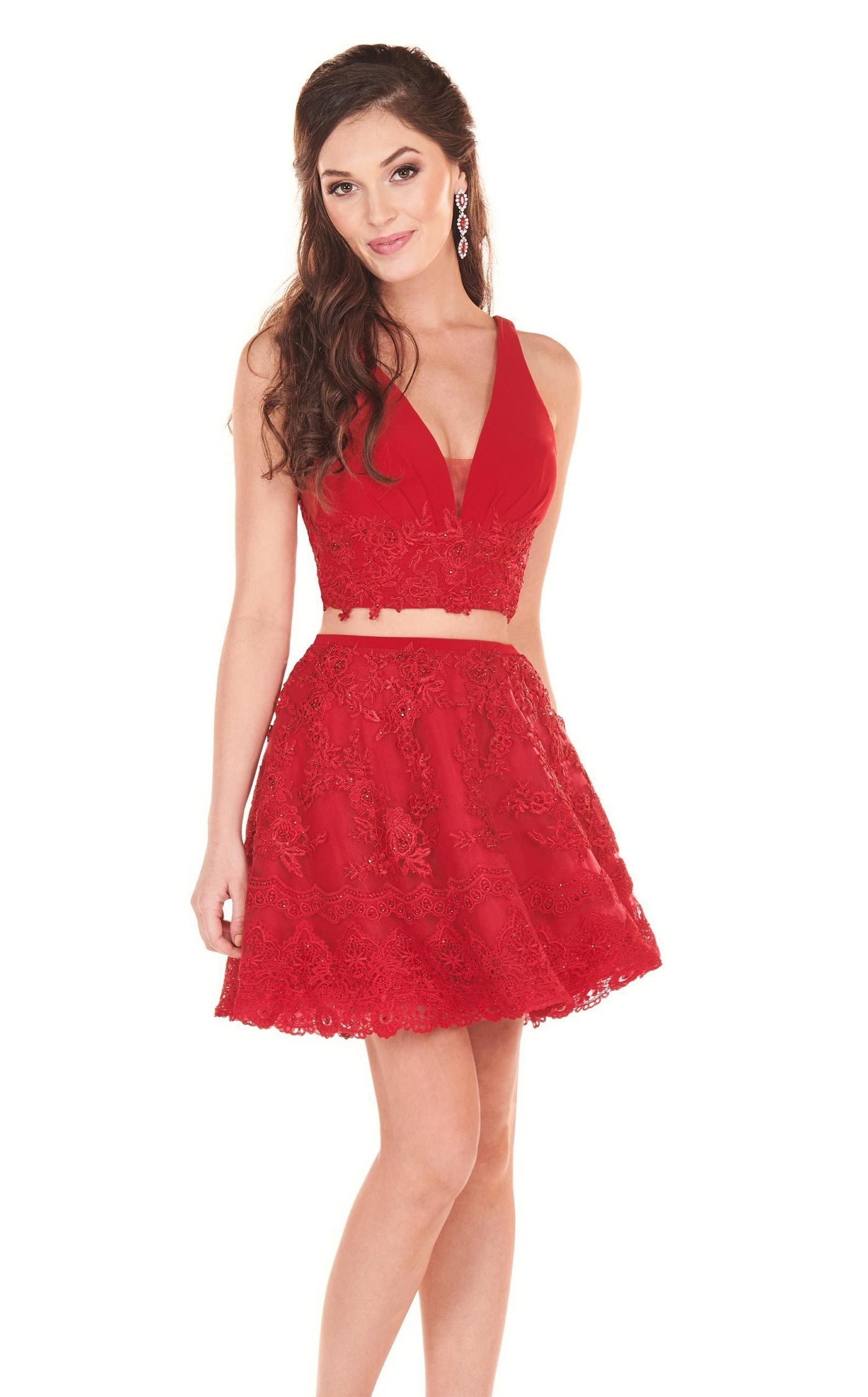 Rachel Allan Homecoming - 4028 Two Piece Lace Appliqued Dress In Red