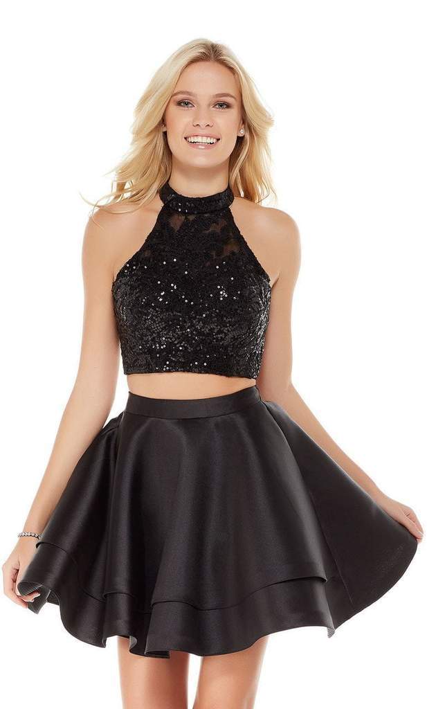 Alyce Paris - 4065 Two-Piece Sequins Halter Mikado Fit and Flare Dress In Black