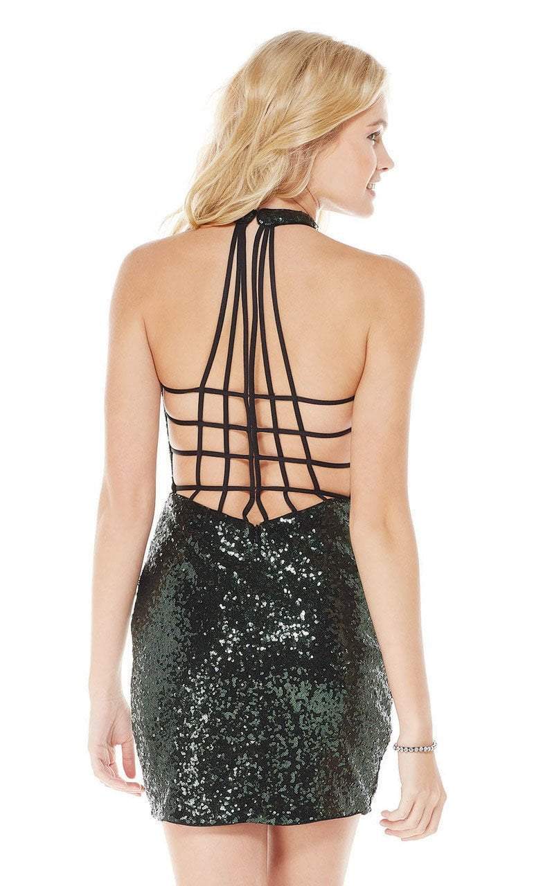 Sequined High Halter Plunging Cutout Dress in Black
