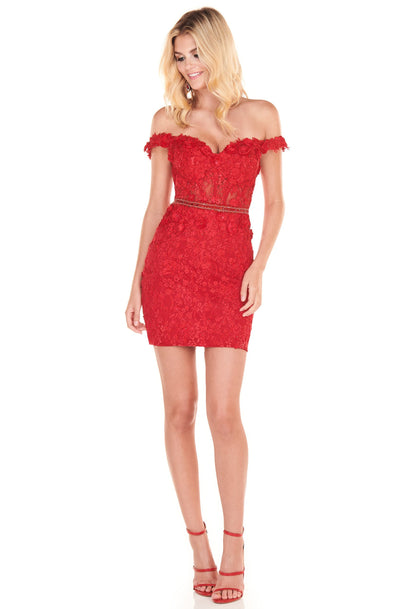 Rachel Allan Shorts - 4065 Off-Shoulder Floral Short Sheath Dress In Red