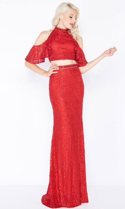 Mac Duggal - 40775M High Neck Ruffled Lace Two-Piece Gown In Red