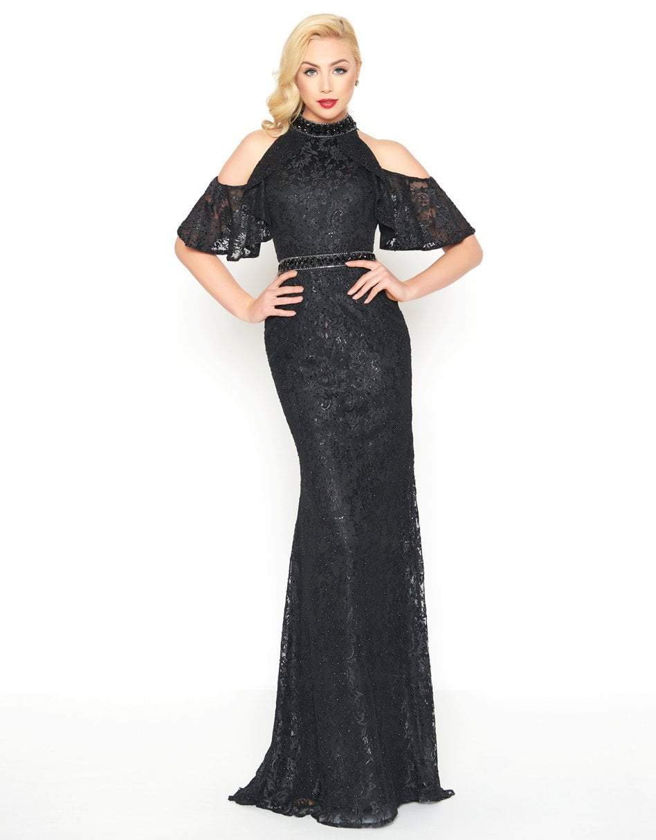 Mac Duggal - 40877R Lace Applique Cold Shoulder Evening Dress in Black