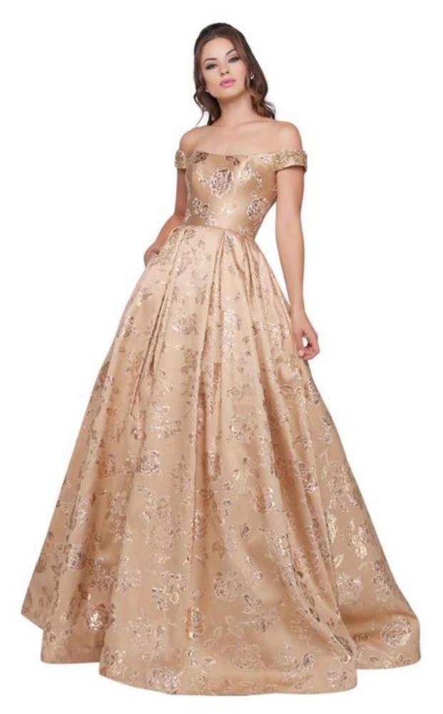 Mac Duggal Ballgowns - 40893H Off Shoulder Floral Brocade Ballgown in Neutral